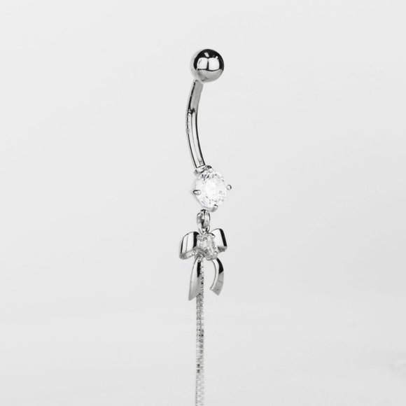 14K Solid Gold Bow Tie Belly Rings Piercings CZ Stones for Womens Chain Piercing - Picture 3 of 5